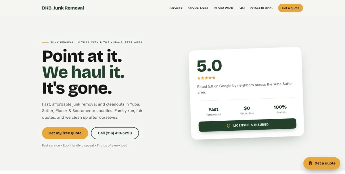 DKB Junk Removal website homepage, designed by Underground Websites
