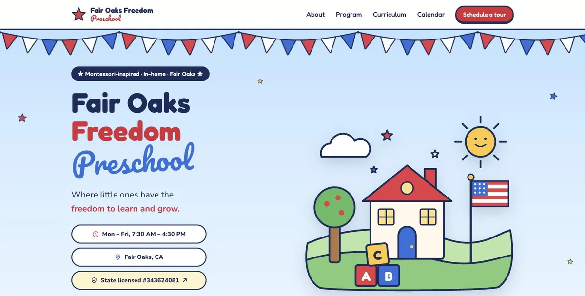 Fair Oaks Freedom Preschool website homepage, designed by Underground Websites